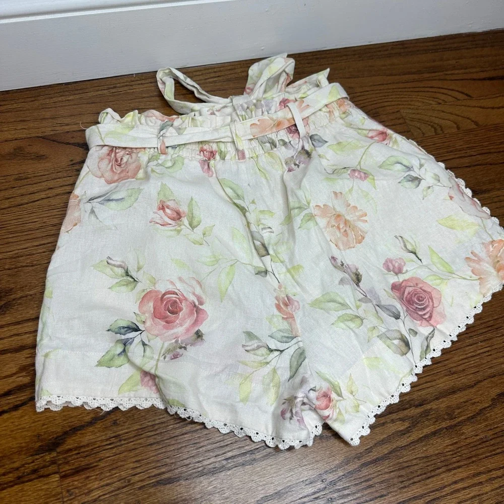 Caroline Constas Floral Linen Blend Crochet Belted Set Crop Top & Shorts Small